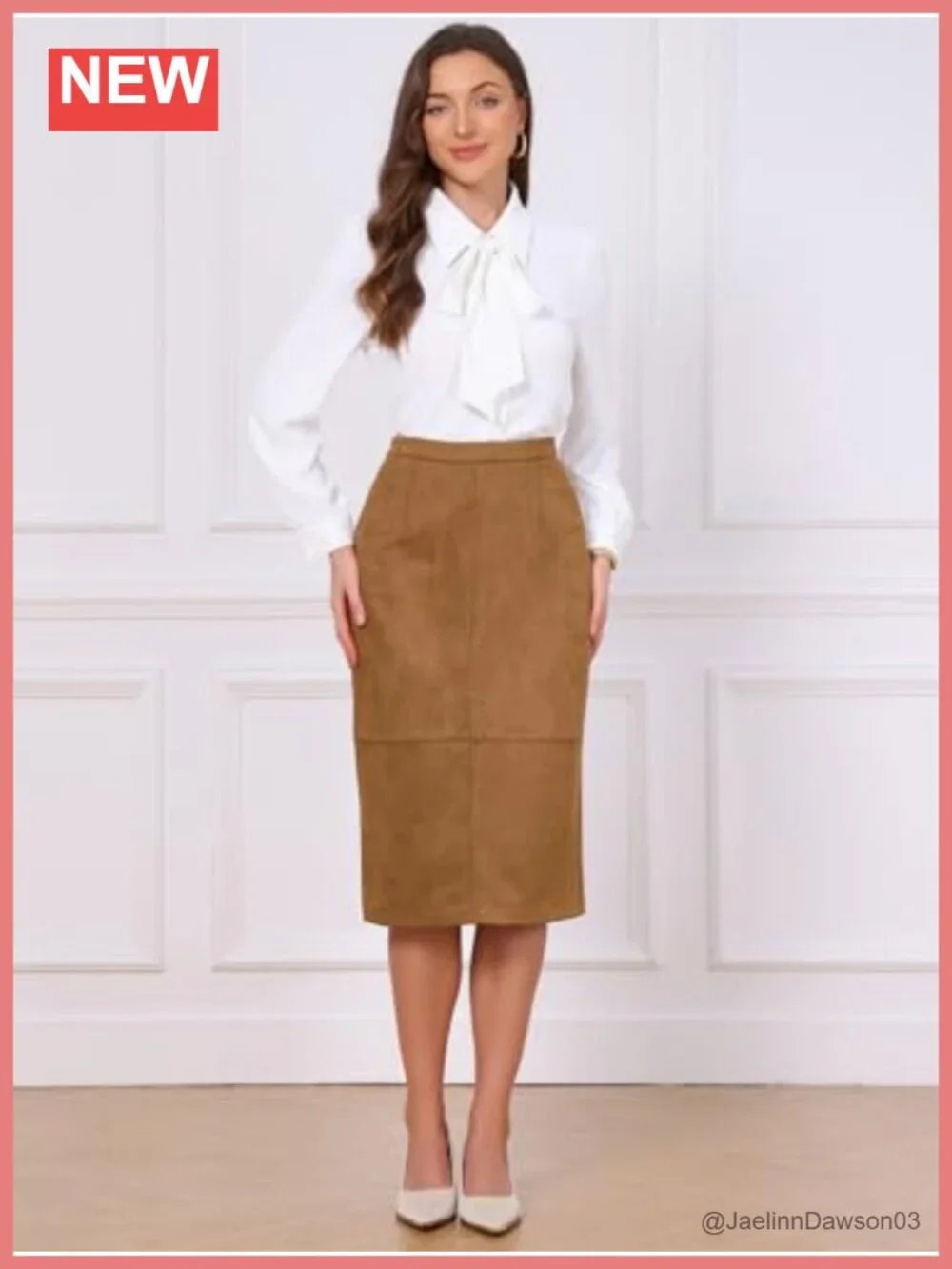 Faux Suede Patchwork Midi Skirt High Waist Pockets Work